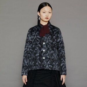 MINJUKIM Quilted Satin Jacket (Sz FR 36) Blue Black Rose Sword Floral